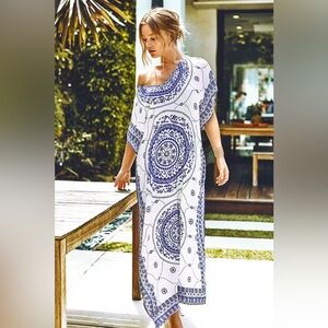 🏷️ NWT Cupshe White & Blue Geometric Floral Sleeveless Boho Coverup Dress